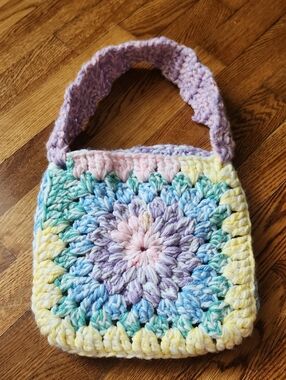 Handmade Pastel Crochet Floral Square Shoulder Bag